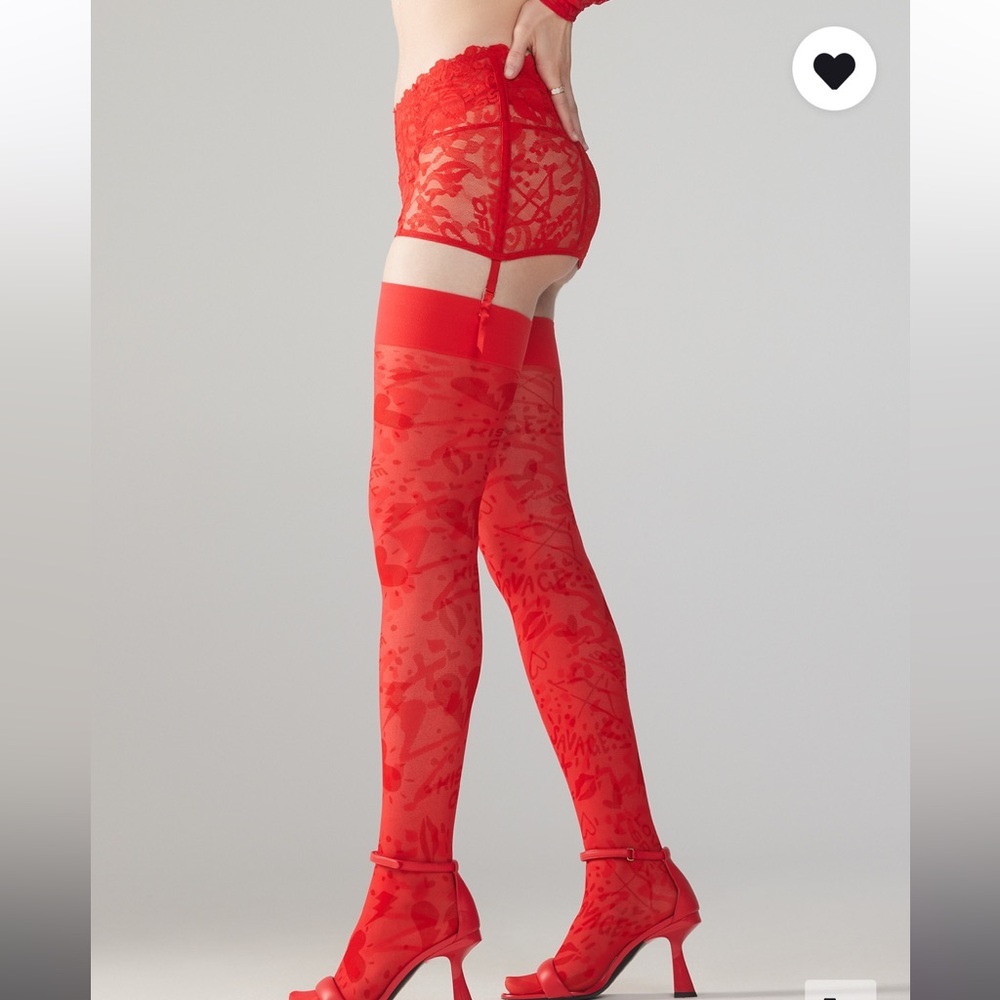 Savage X Fenty Goji Berry Red Cupid Called Thigh High Stockings - Picture 3 of 10